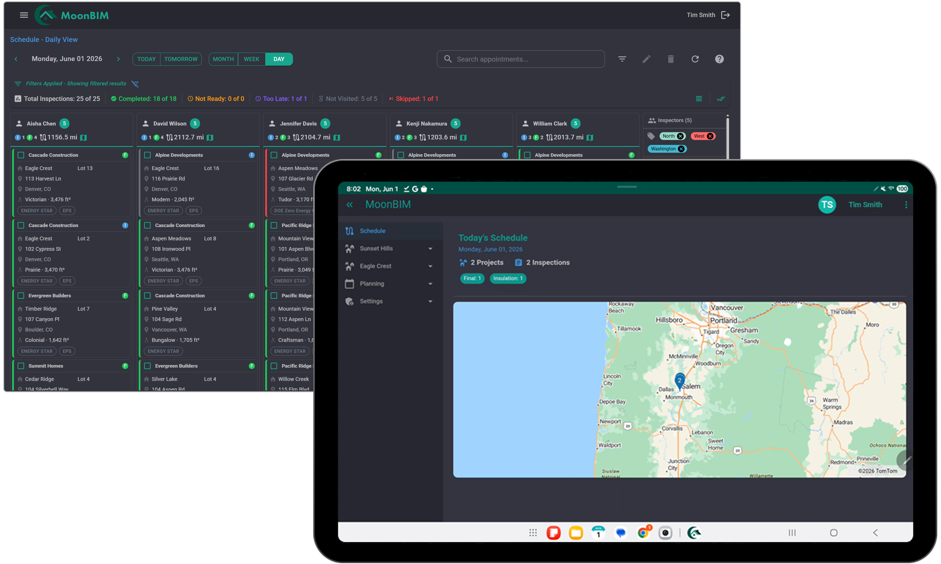 MoonBIM scheduling view and tablet route